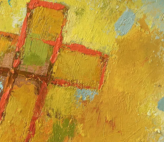 Detail of an abstract oil painting in gold, ochre and vermilion by Tom Atkins